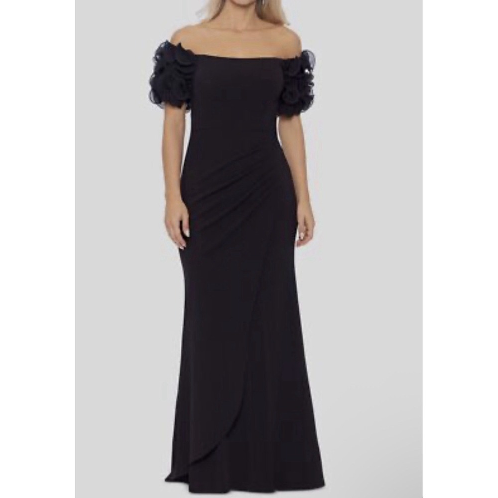 Xscape Women's Black Scuba Crepe Ruffled Off-The-Shoulder Gown Dress Size 14W